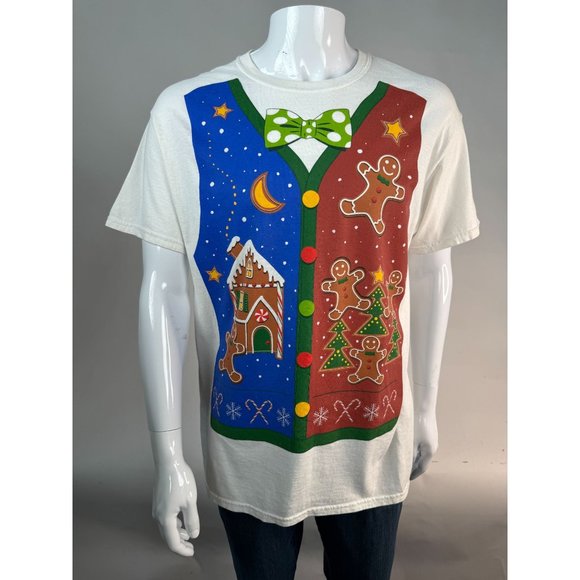 Christmas Holiday Gildan Faux Vest Gingerbread TShirt Large White Cotton - Picture 7 of 16